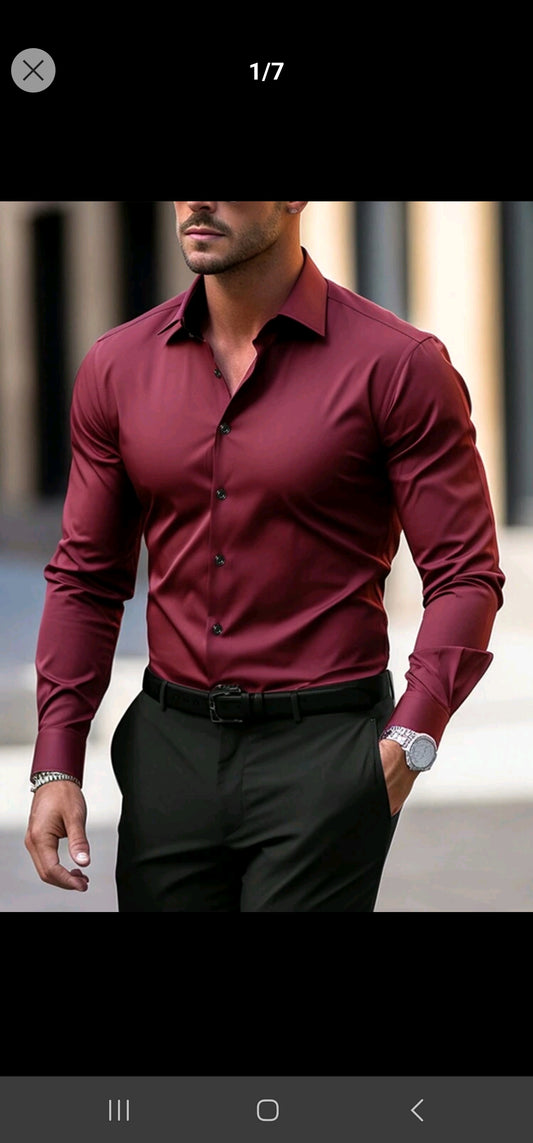 Manfinity Mode Men's Solid Color Long Sleeve Shirt, Slim Fit Button Up Plain Dark Red Work Business Shirt For Husband.